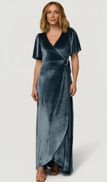 Baltic Born Dresses & Skirts - BALTIC BORN Katelyn blue green velvet short sleeve maxi wrap long dress